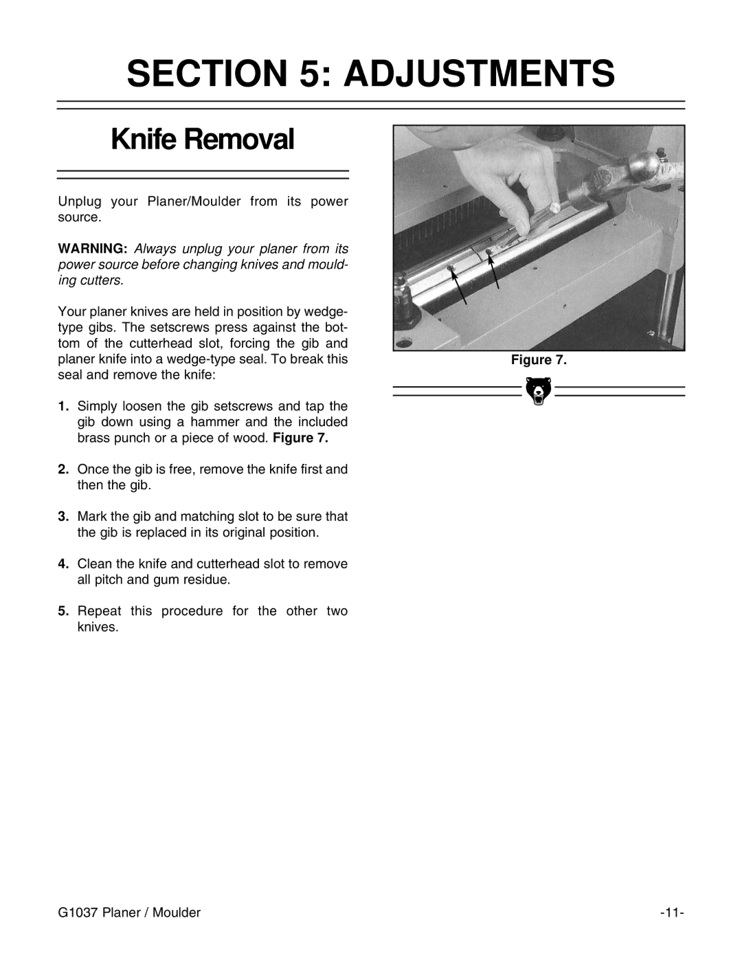 Grizzly G1037 instruction manual Adjustments, Knife Removal 