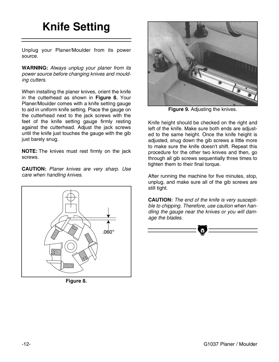 Grizzly G1037 instruction manual Knife Setting 