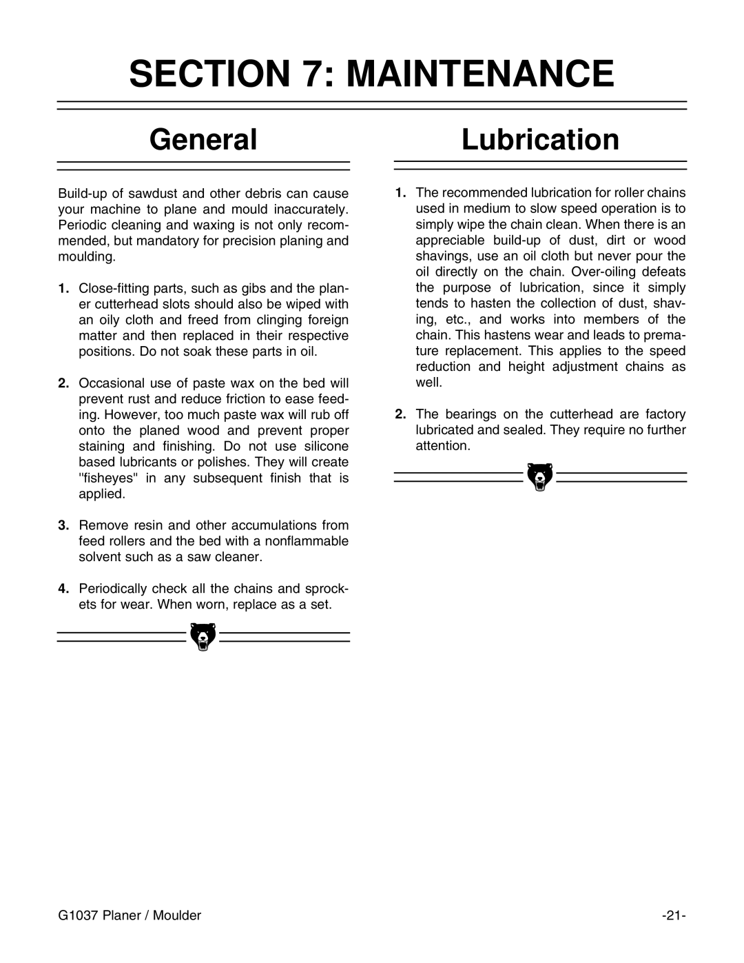 Grizzly G1037 instruction manual Maintenance, GeneralLubrication 