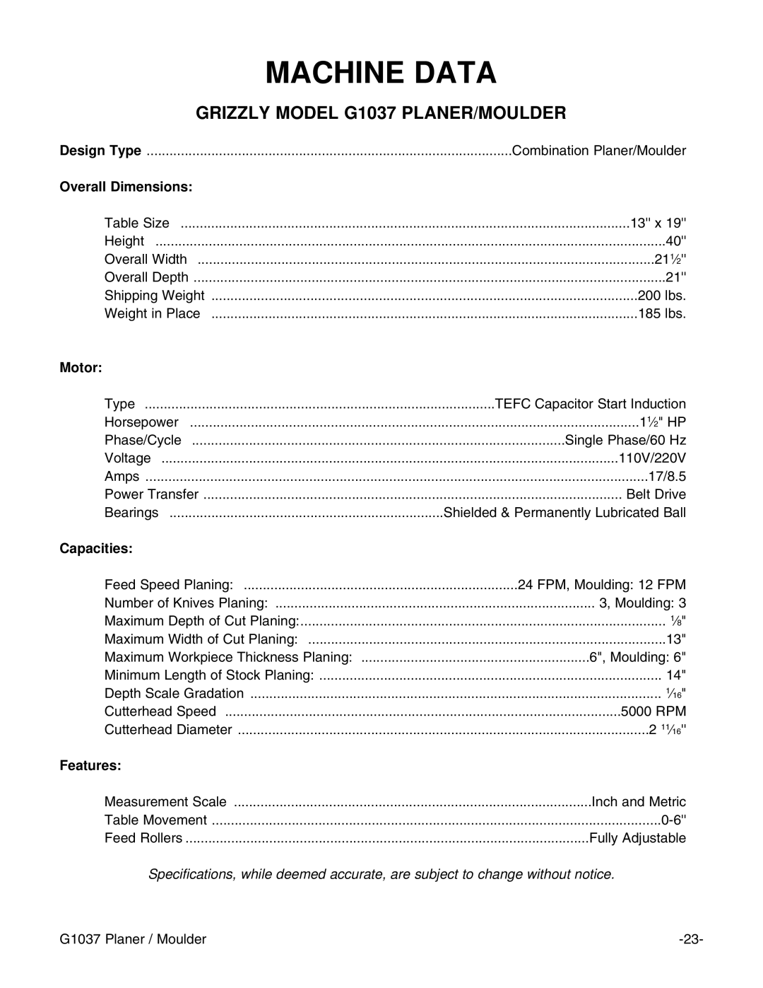 Grizzly G1037 instruction manual Machine Data 