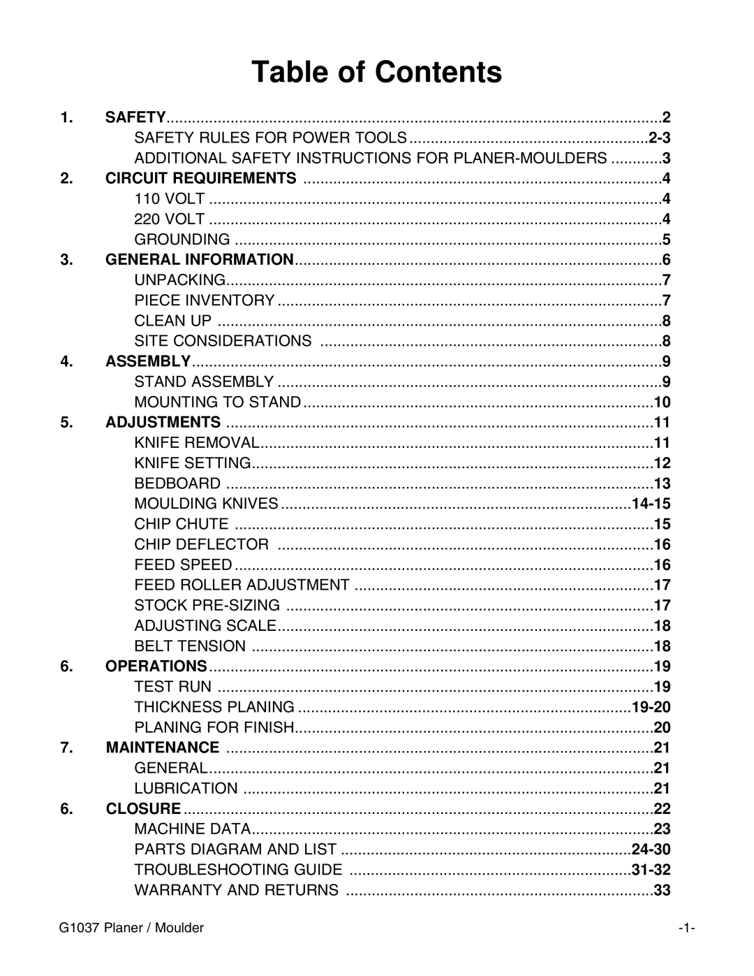 Grizzly G1037 instruction manual Table of Contents 