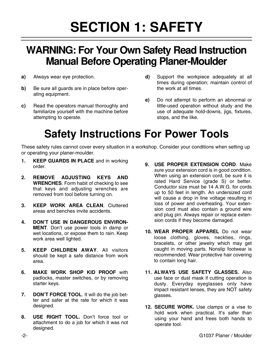 Grizzly G1037 instruction manual Safety Instructions For Power Tools 