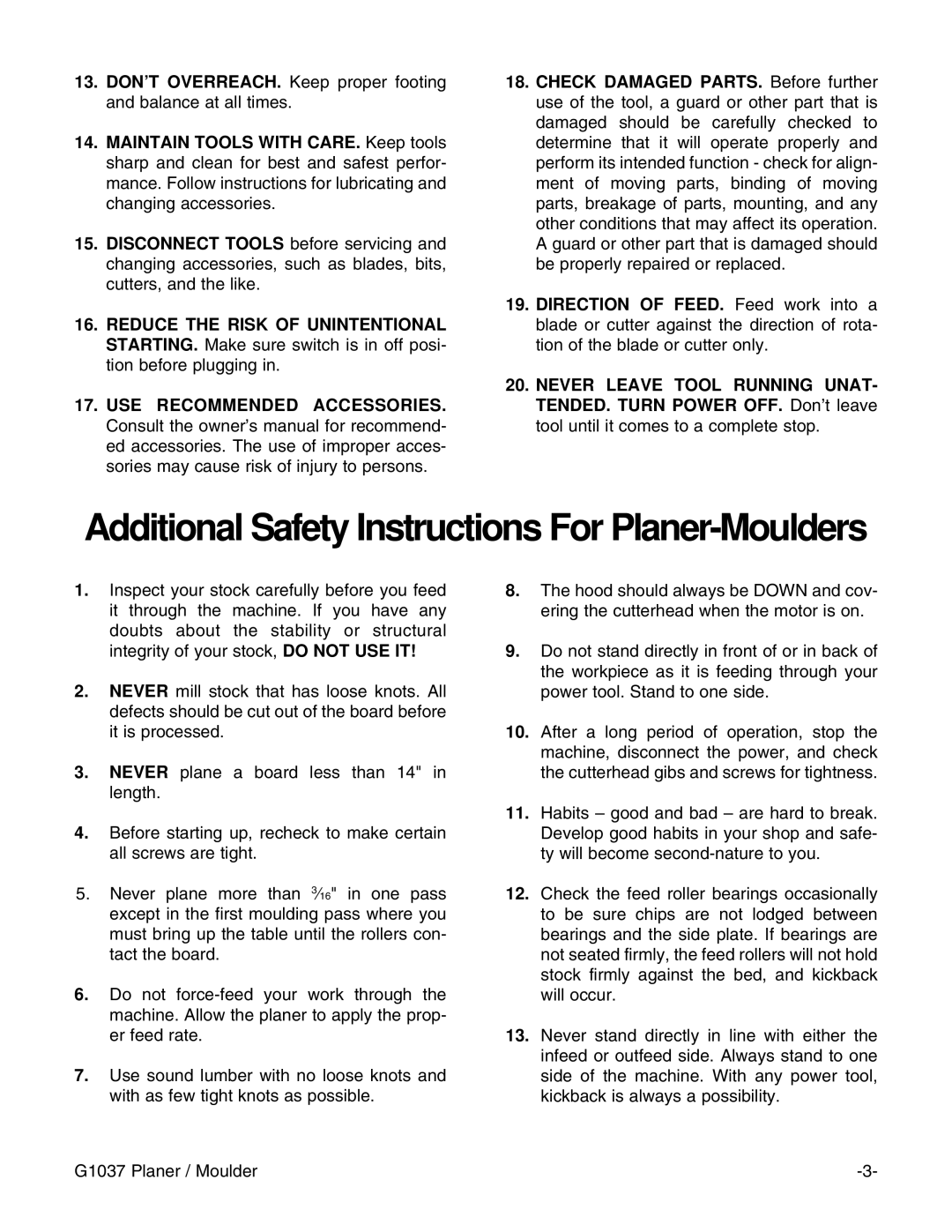 Grizzly G1037 instruction manual Additional Safety Instructions For Planer-Moulders 