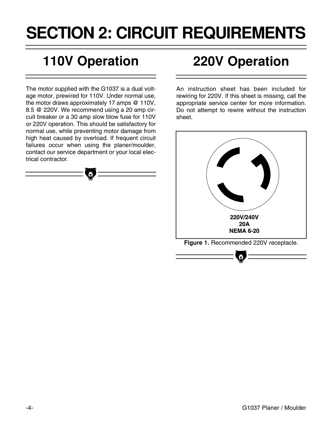 Grizzly G1037 instruction manual Circuit Requirements, 110V Operation 220V Operation 