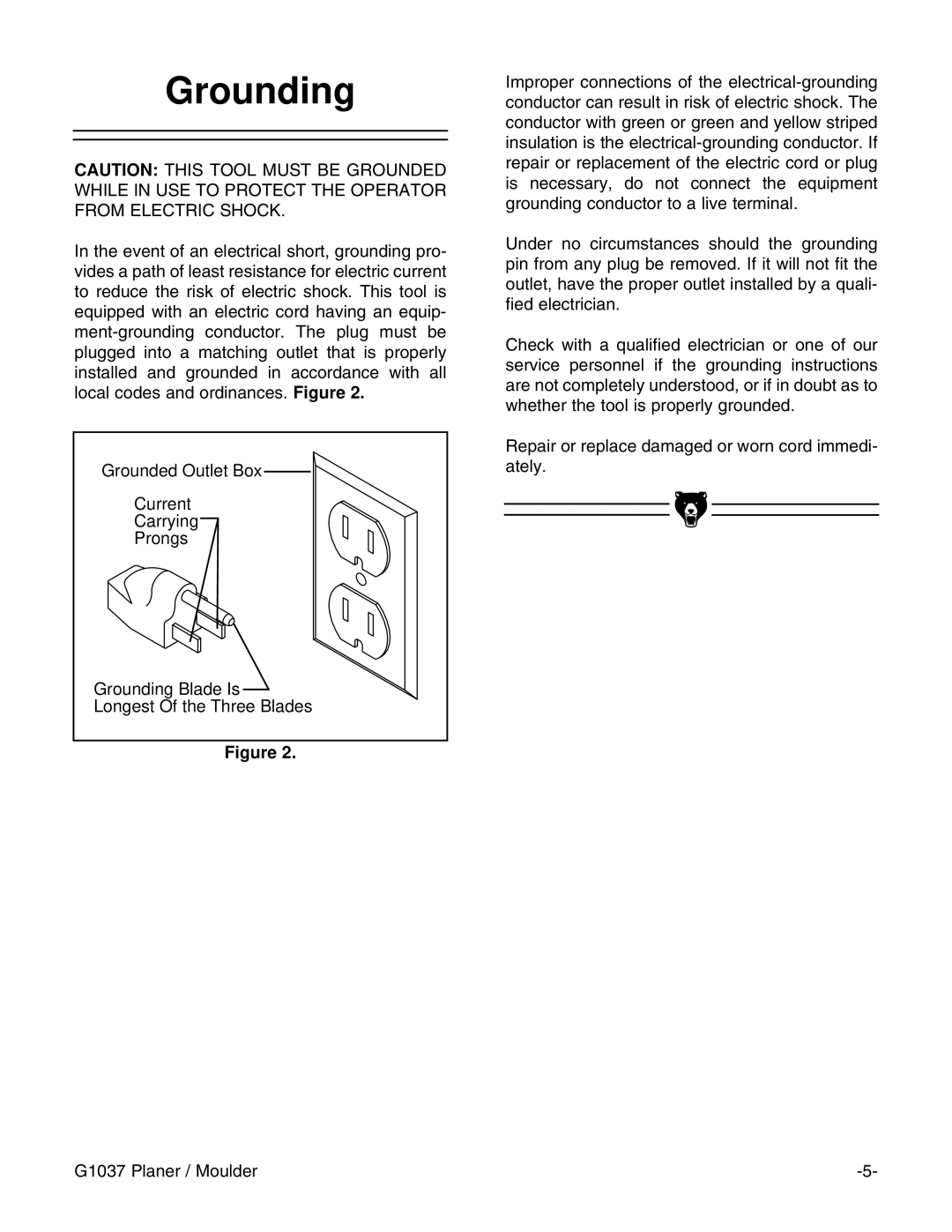 Grizzly G1037 instruction manual Grounding 