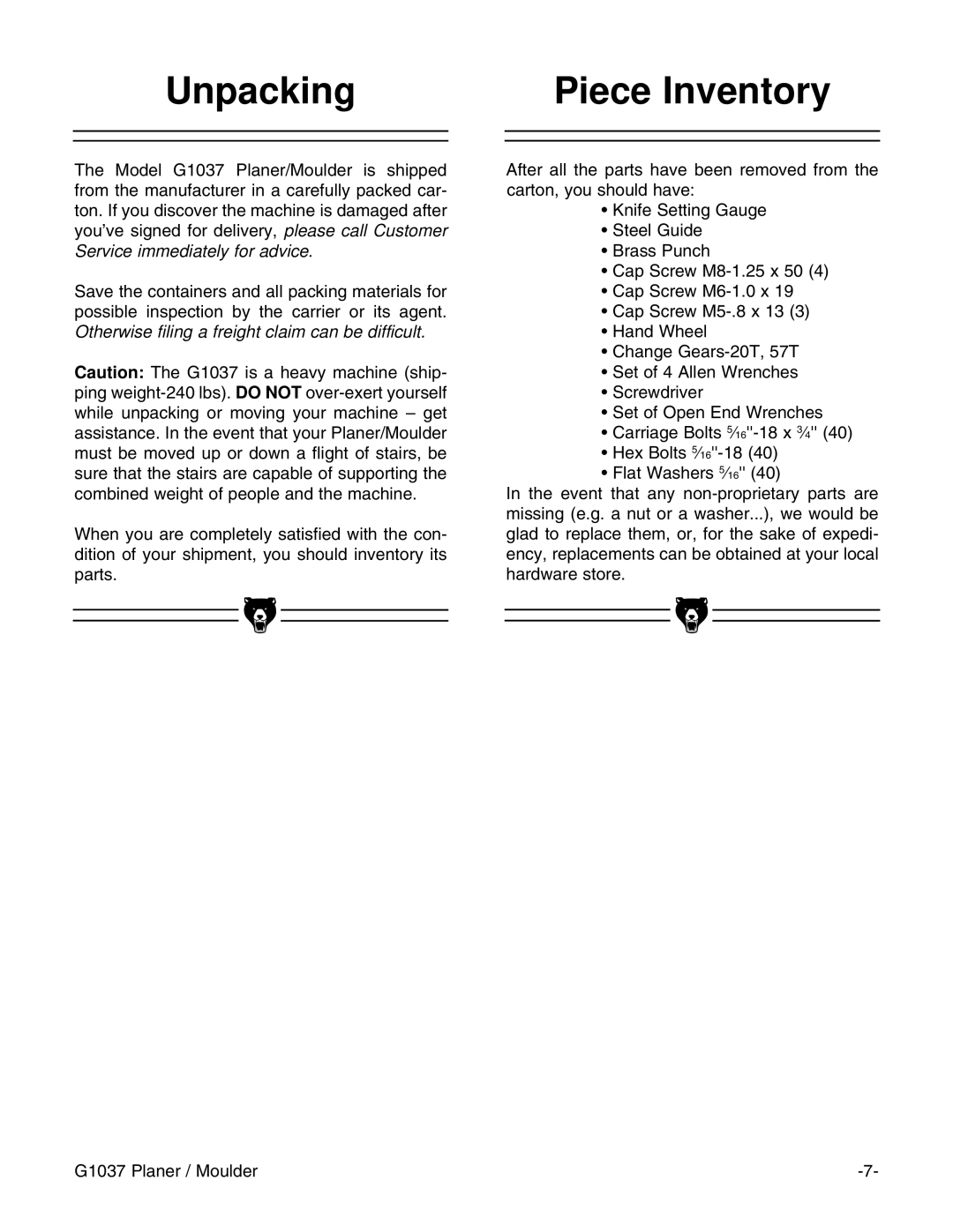 Grizzly G1037 instruction manual Unpacking Piece Inventory 