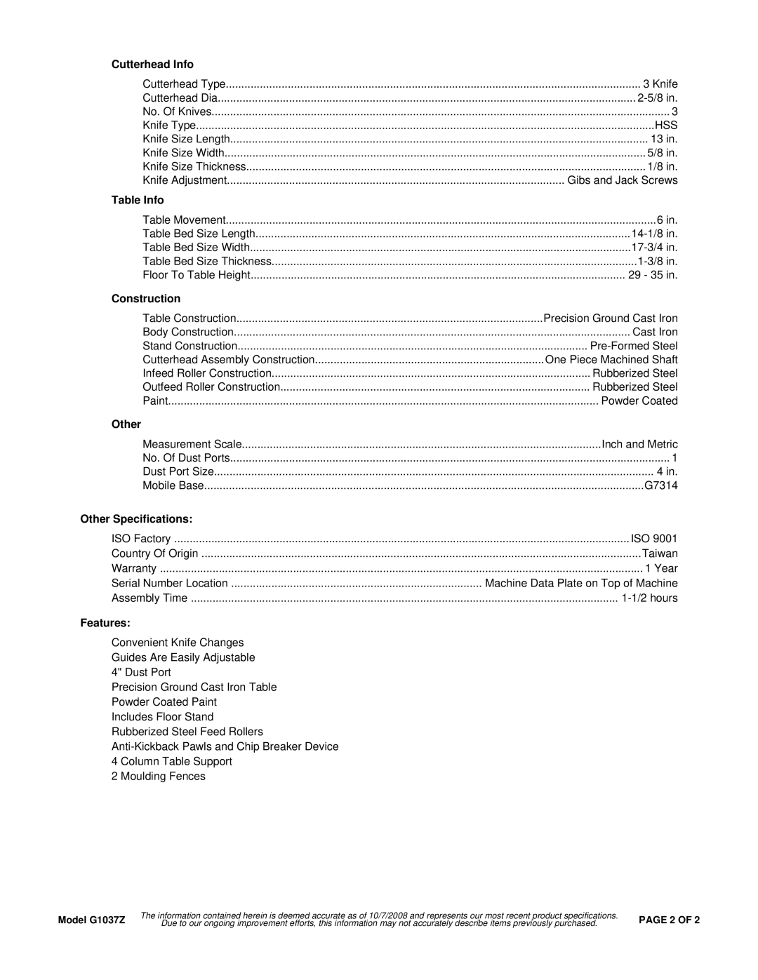 Grizzly G1037Z specifications Cutterhead Info, Table Info, Construction, Other Specifications, Features 