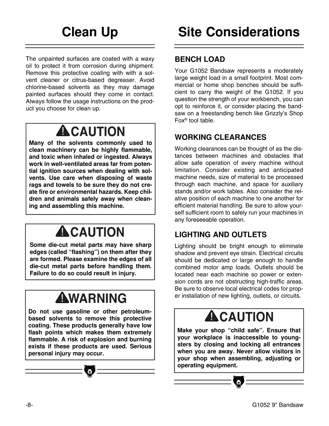 Grizzly G1052 instruction manual Clean Up, Site Considerations 