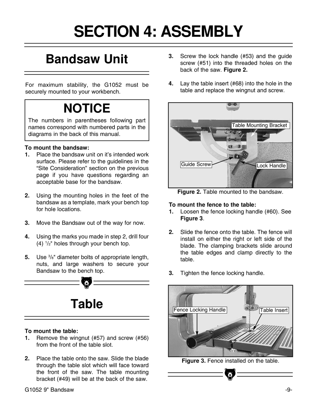 Grizzly G1052 instruction manual Assembly, Bandsaw Unit 