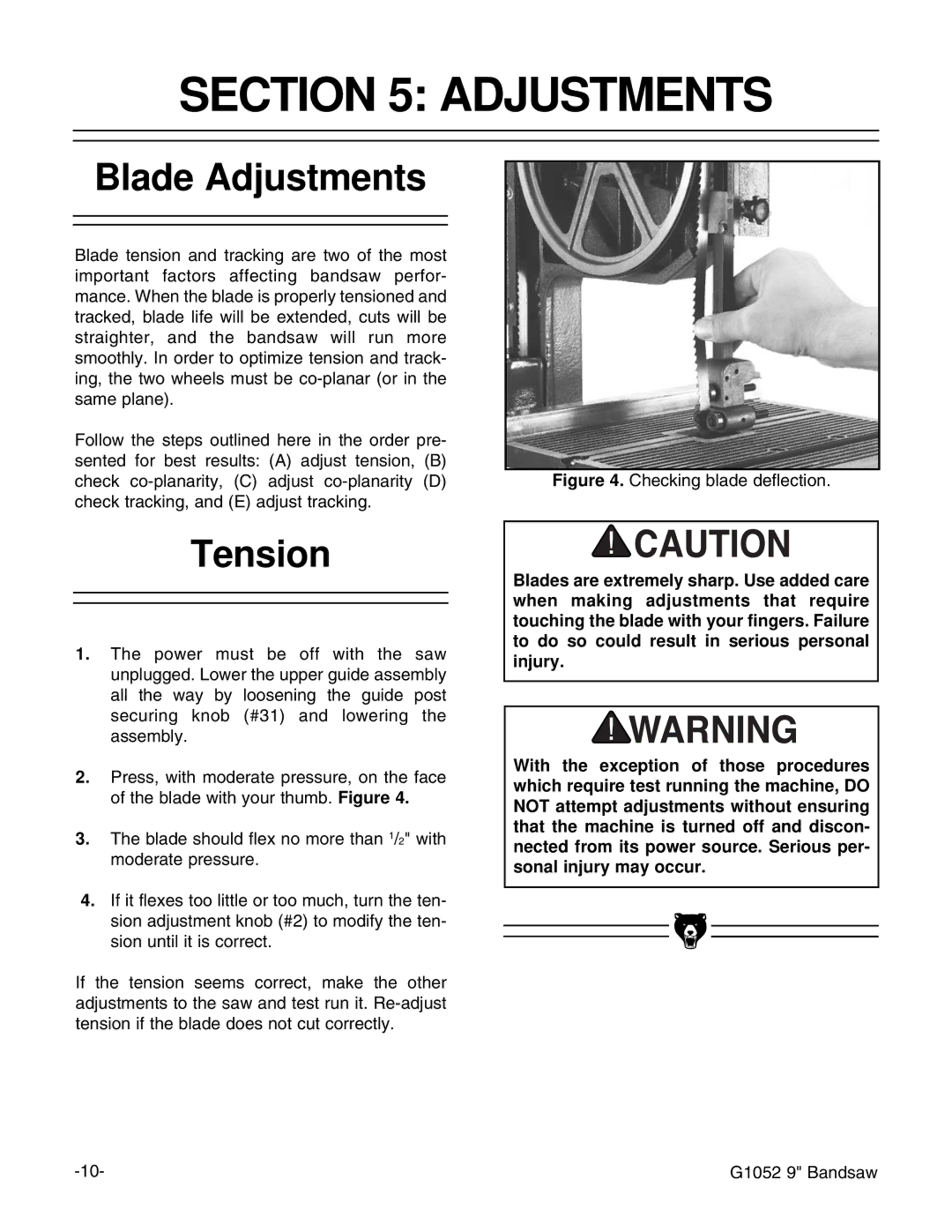 Grizzly G1052 instruction manual Blade Adjustments, Tension 