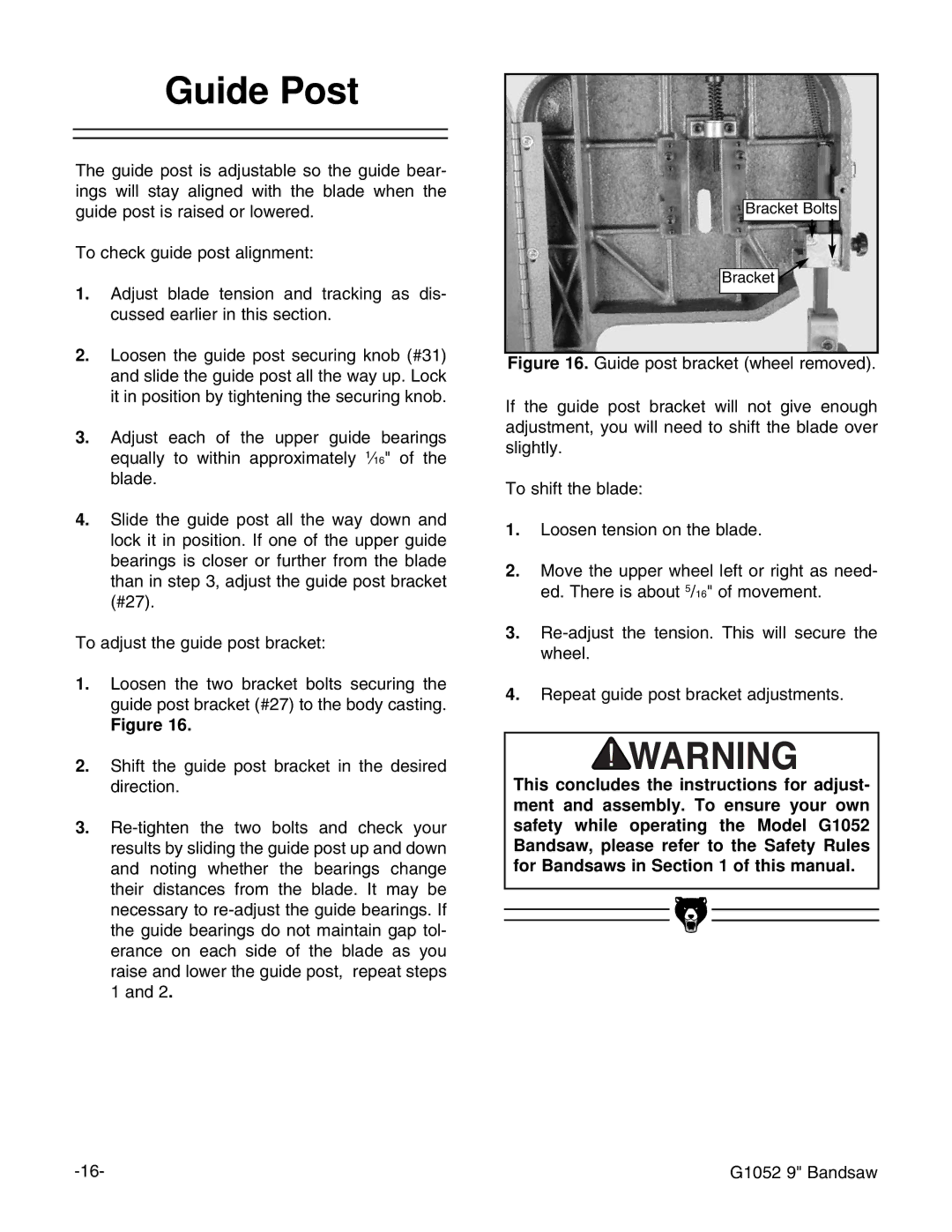 Grizzly G1052 instruction manual Guide Post 