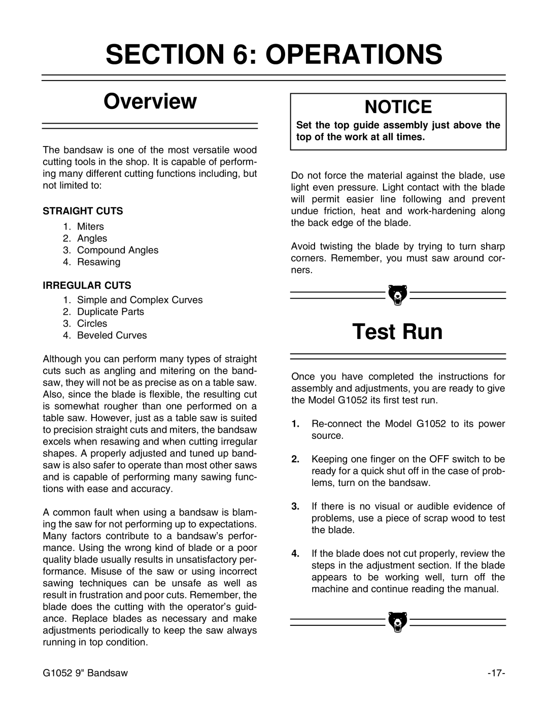 Grizzly G1052 instruction manual Operations, Overview, Test Run 