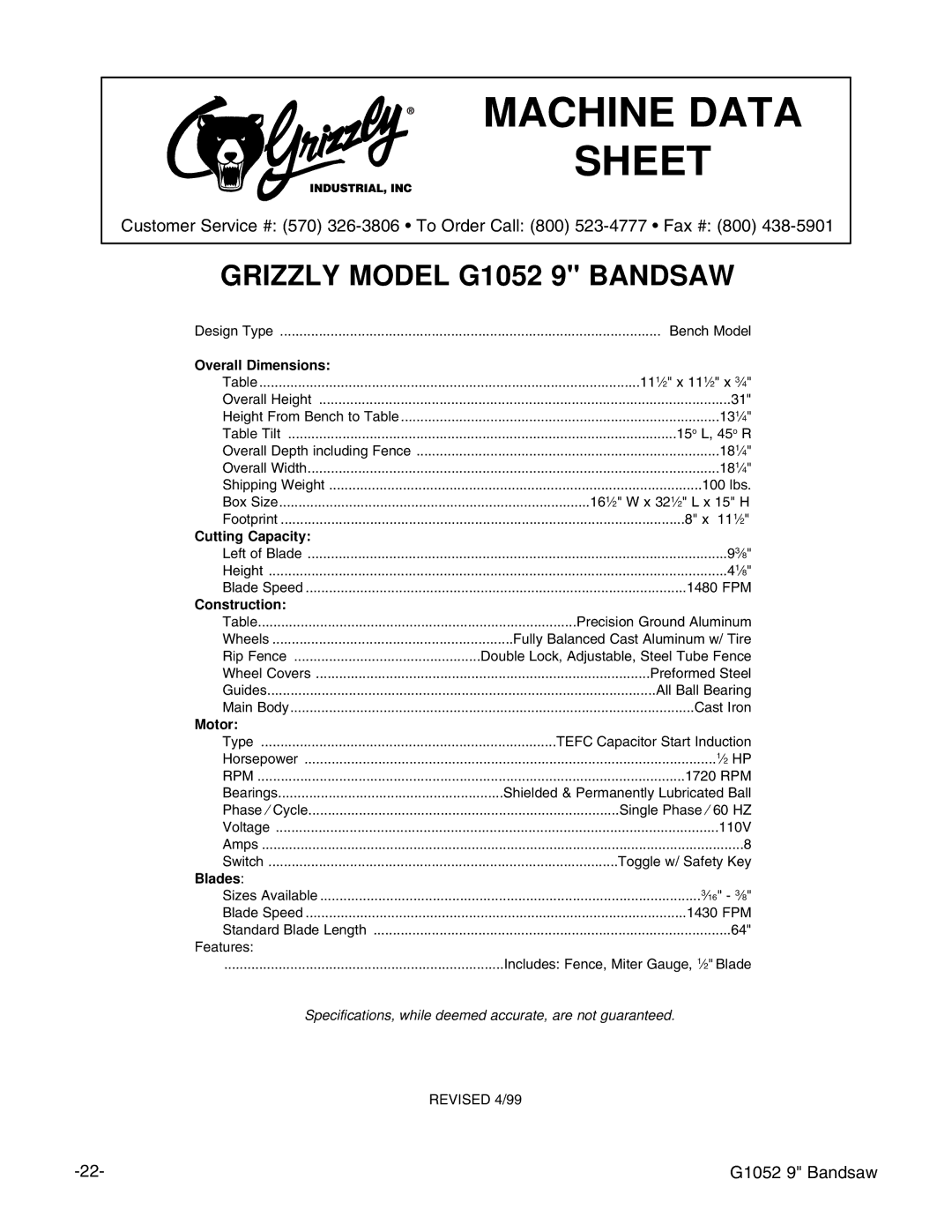 Grizzly G1052 instruction manual Machine Data Sheet 