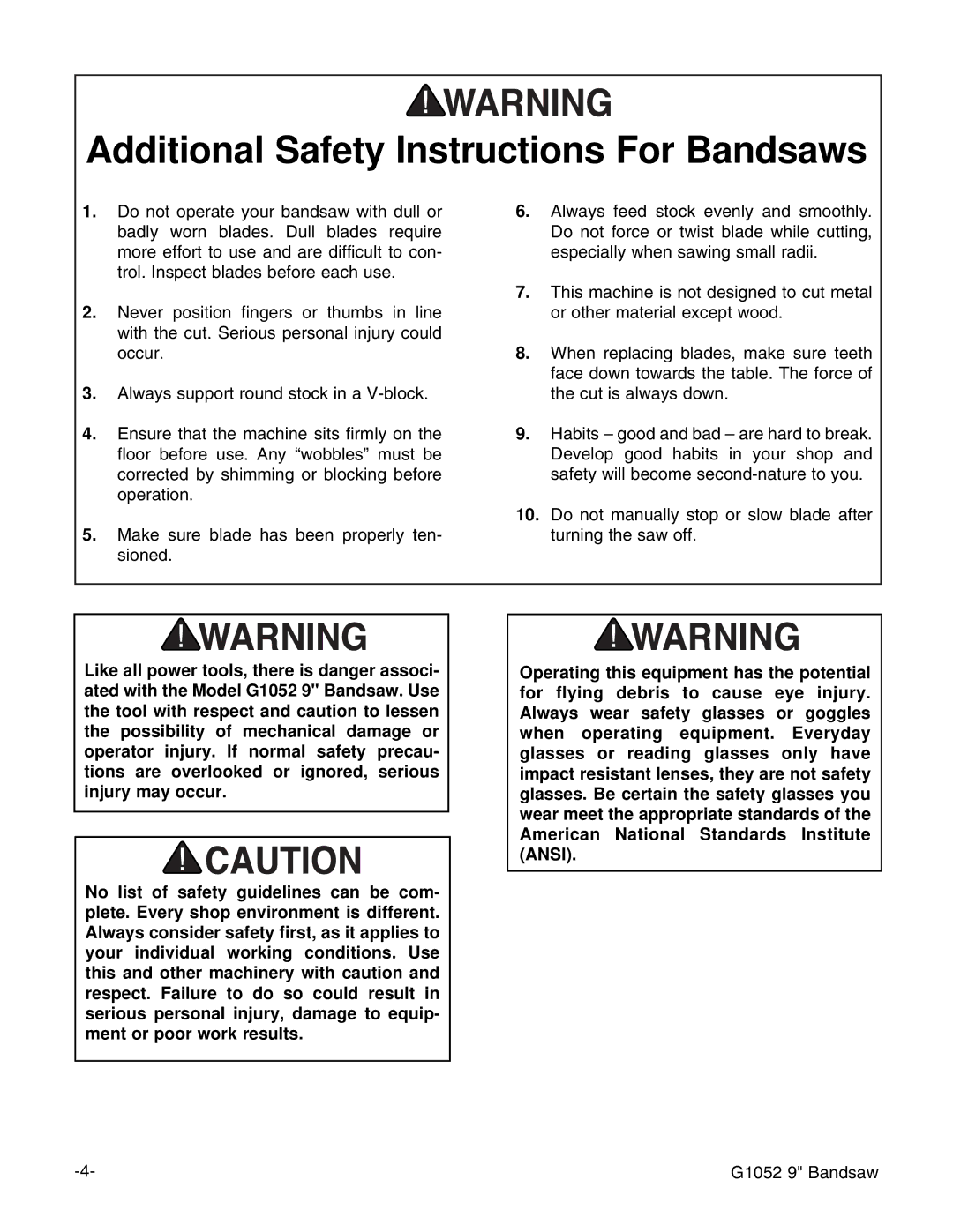 Grizzly G1052 instruction manual Additional Safety Instructions For Bandsaws 