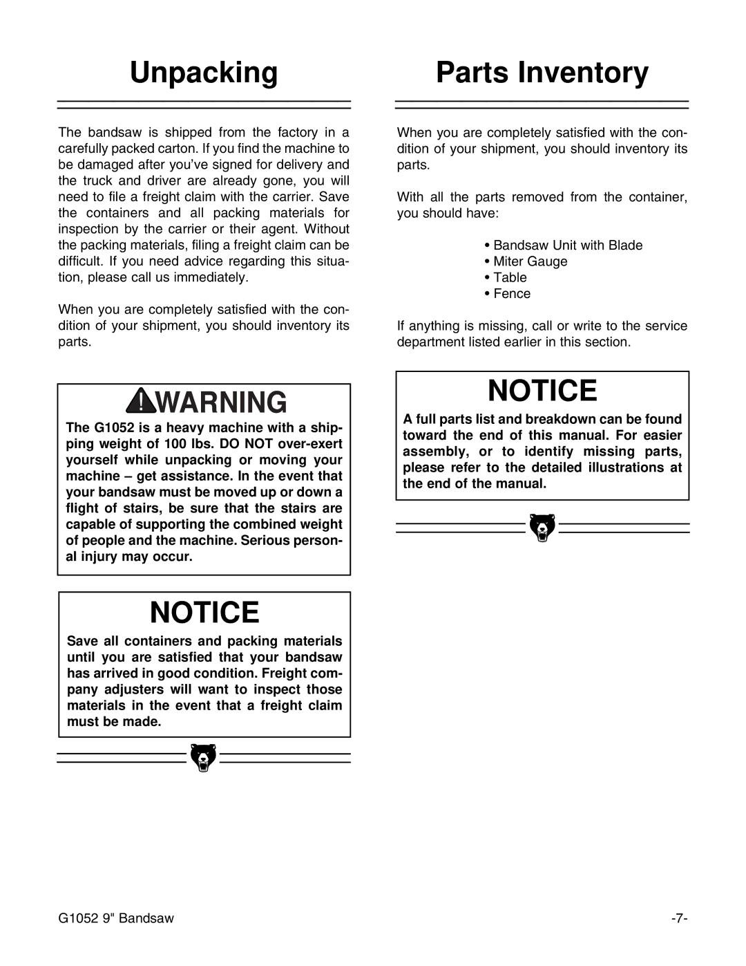 Grizzly G1052 instruction manual Unpacking, Parts Inventory 