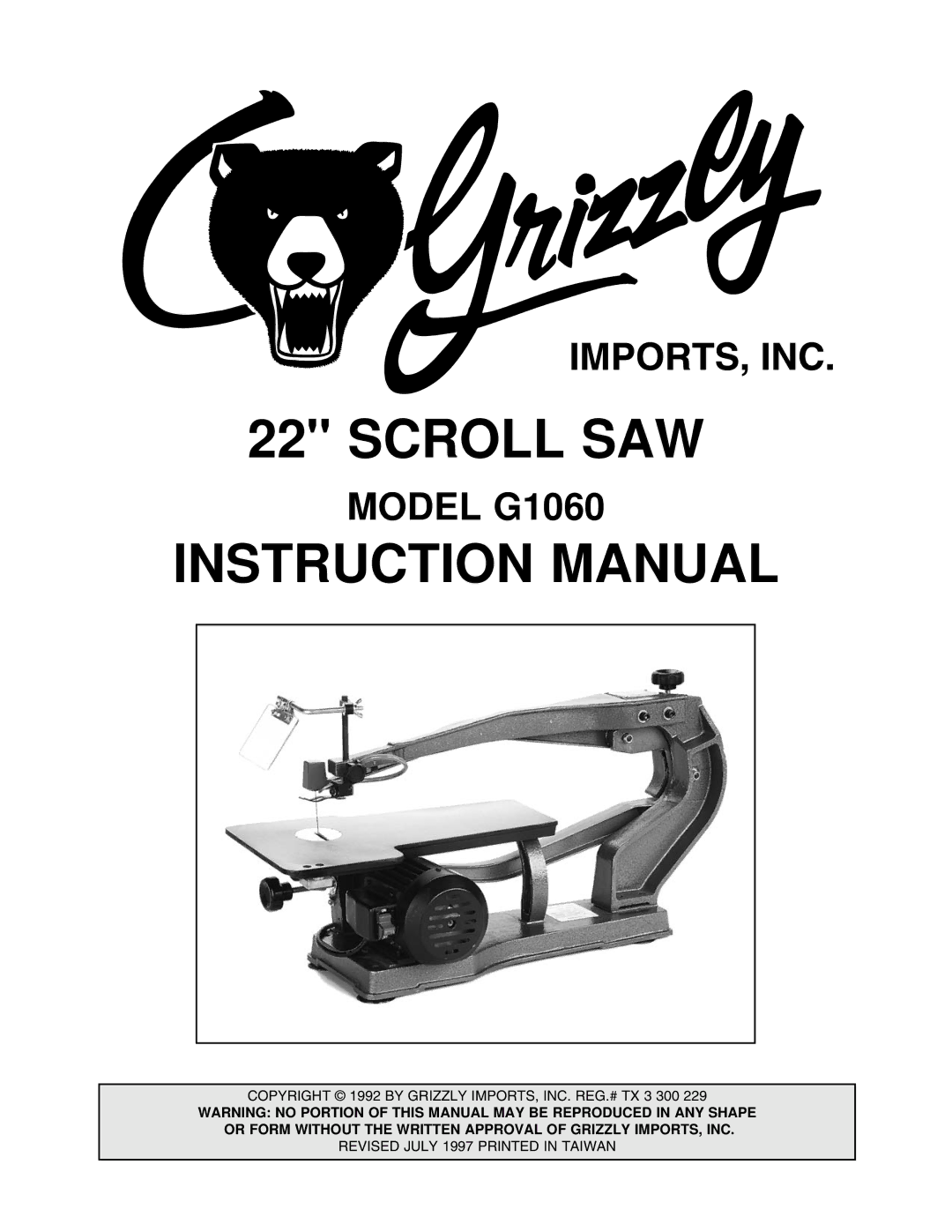 Grizzly G1060 instruction manual Scroll SAW 