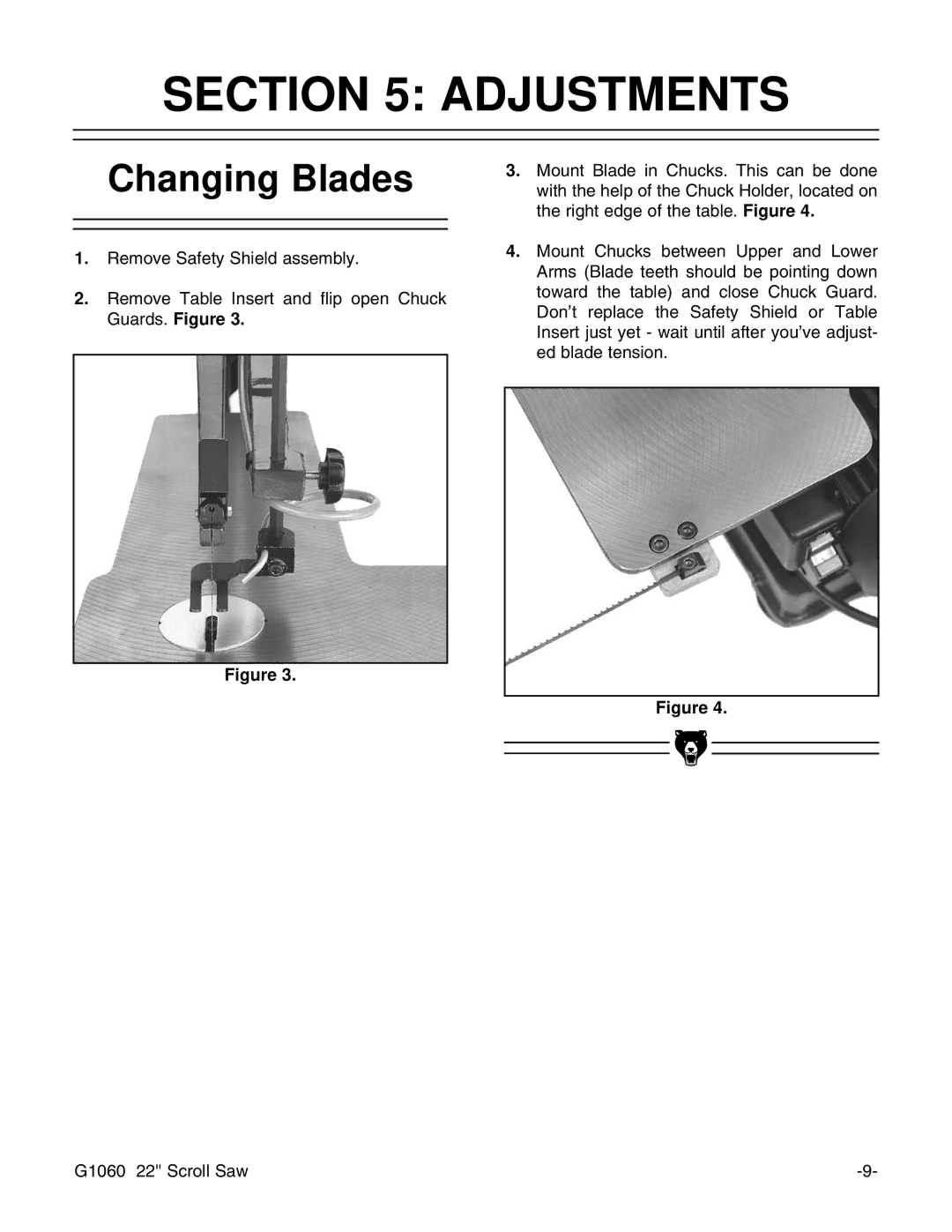 Grizzly G1060 instruction manual Adjustments, Changing Blades 