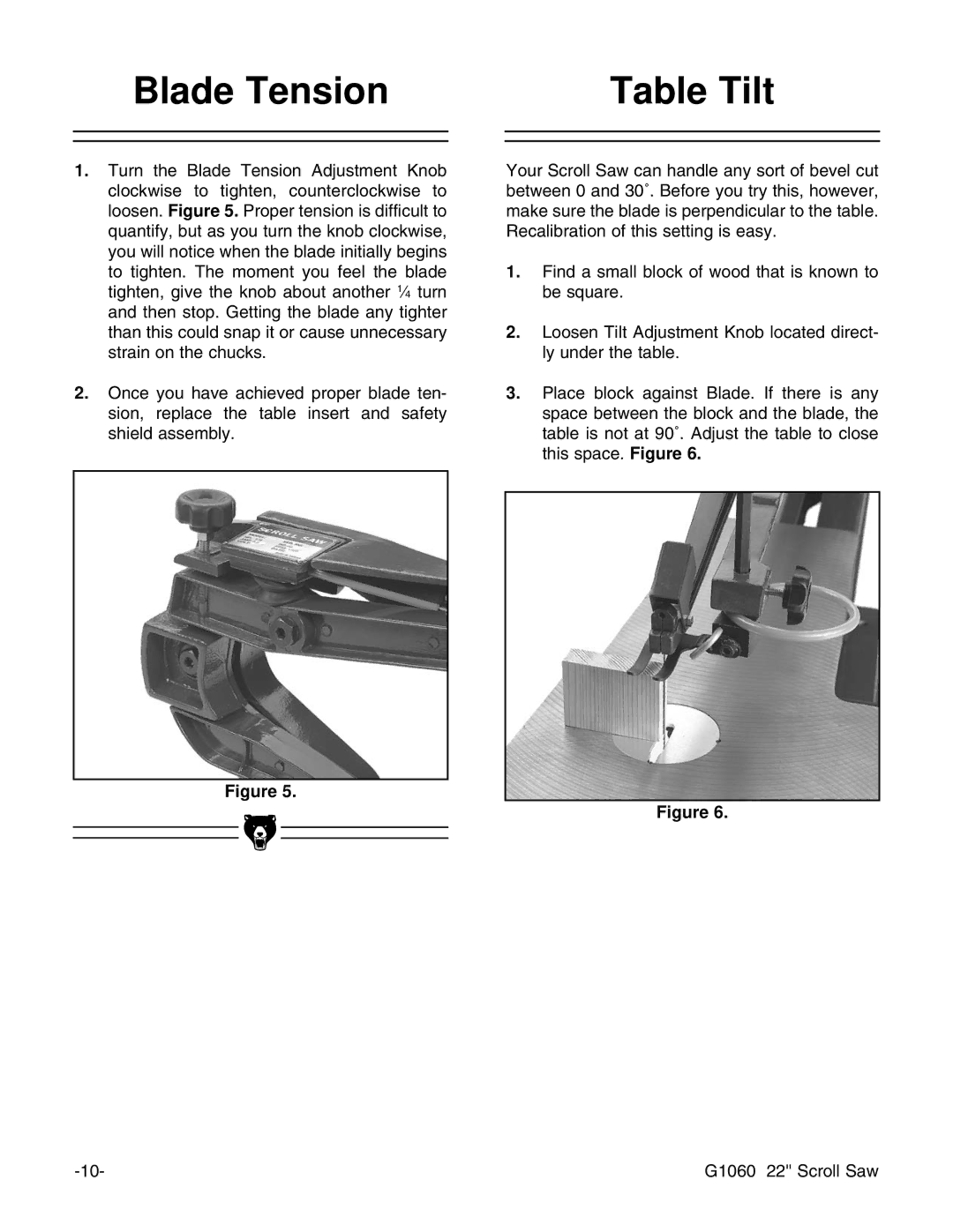 Grizzly G1060 instruction manual Blade Tension Table Tilt 