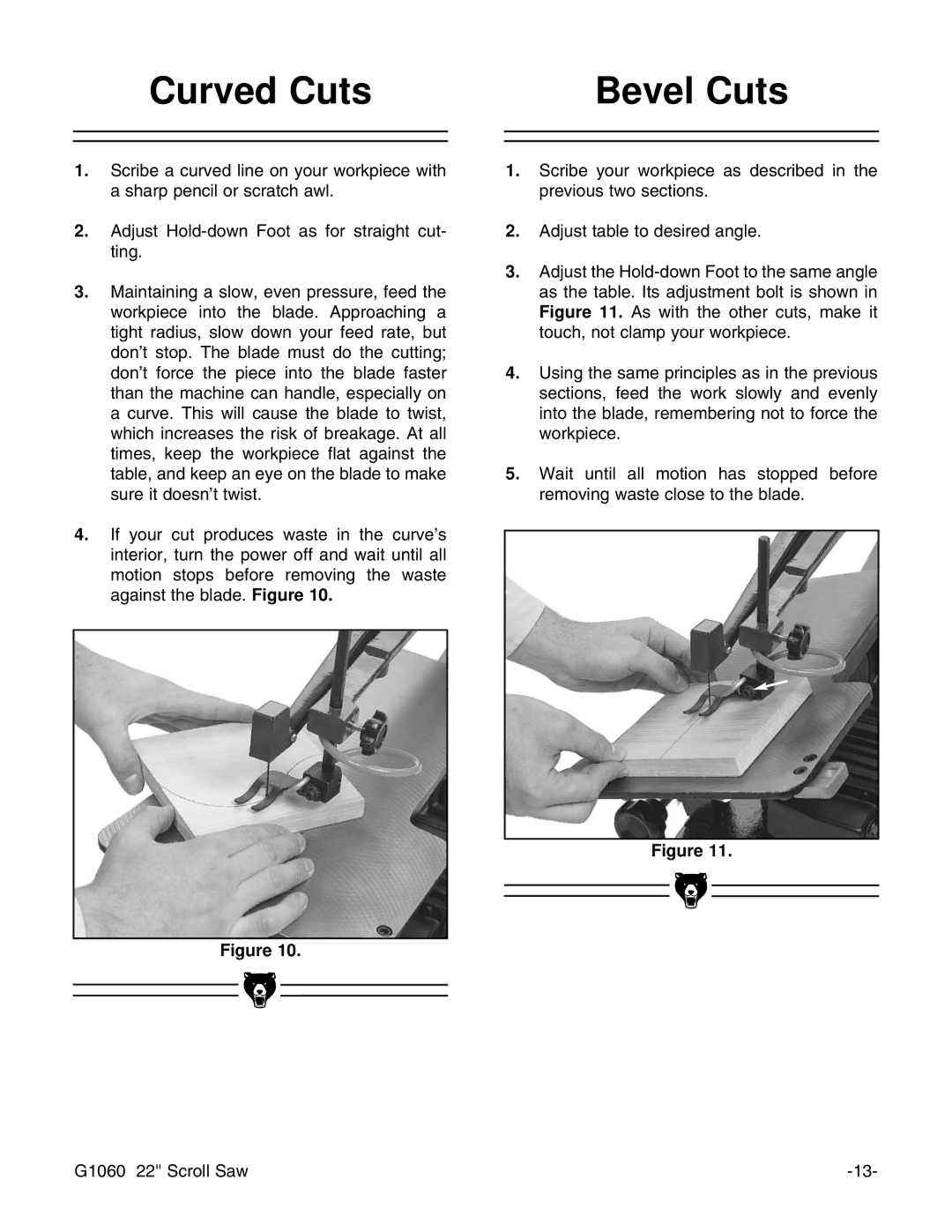 Grizzly G1060 instruction manual Curved Cuts Bevel Cuts 