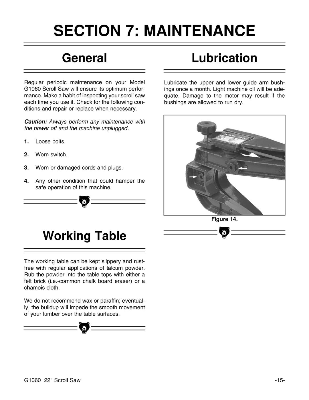 Grizzly G1060 instruction manual Maintenance, GeneralLubrication, Working Table 