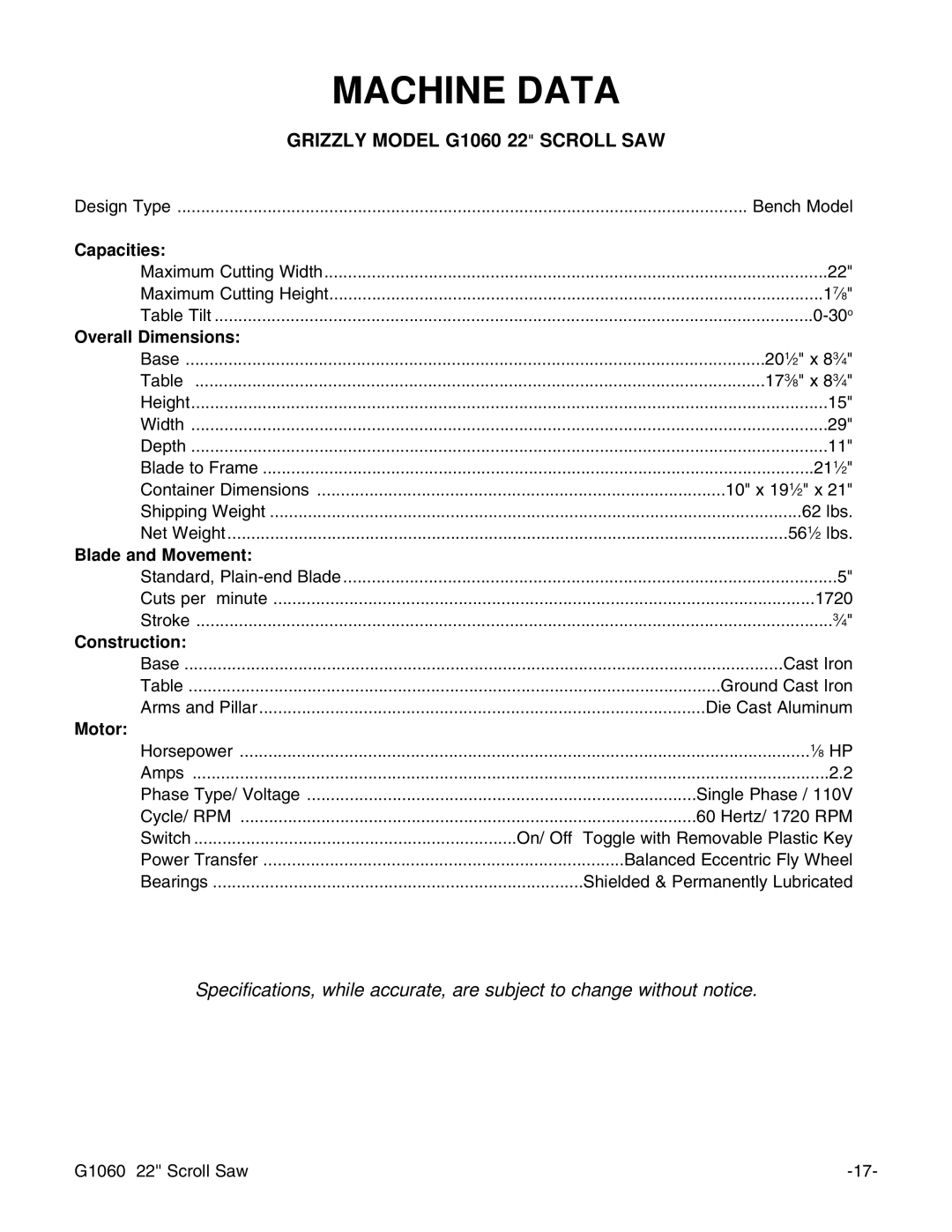 Grizzly G1060 instruction manual Machine Data 