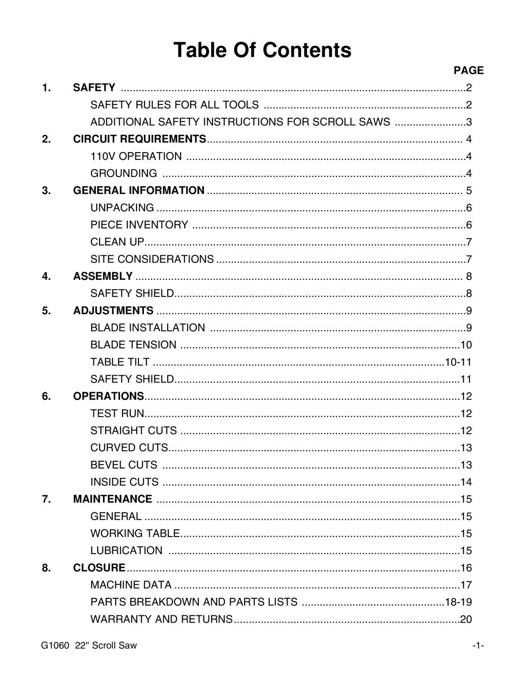 Grizzly G1060 instruction manual Table Of Contents 