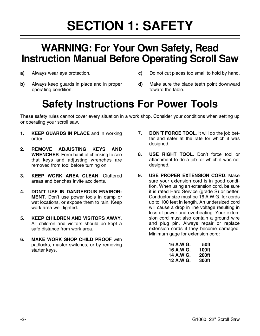 Grizzly G1060 instruction manual Safety Instructions For Power Tools 