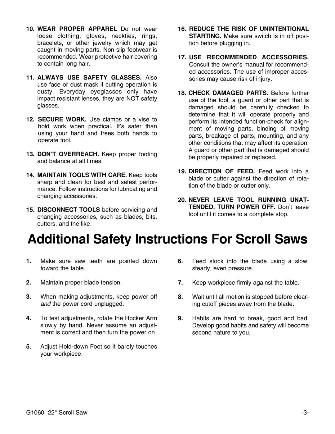 Grizzly G1060 instruction manual Additional Safety Instructions For Scroll Saws 