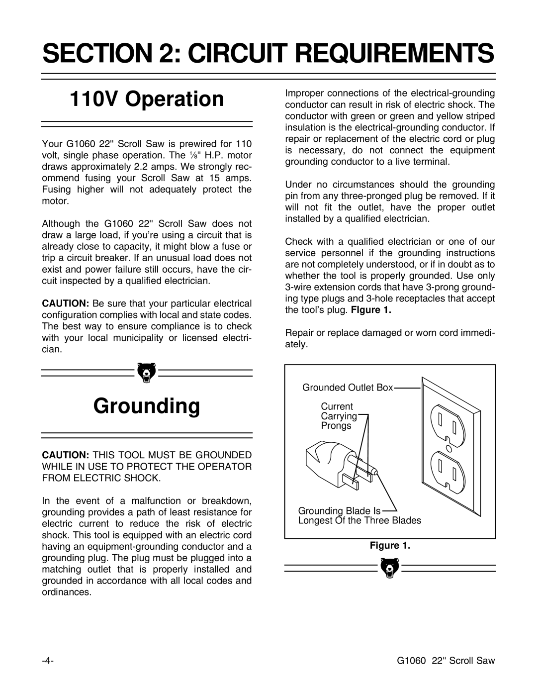 Grizzly G1060 instruction manual Circuit Requirements, 110V Operation, Grounding 