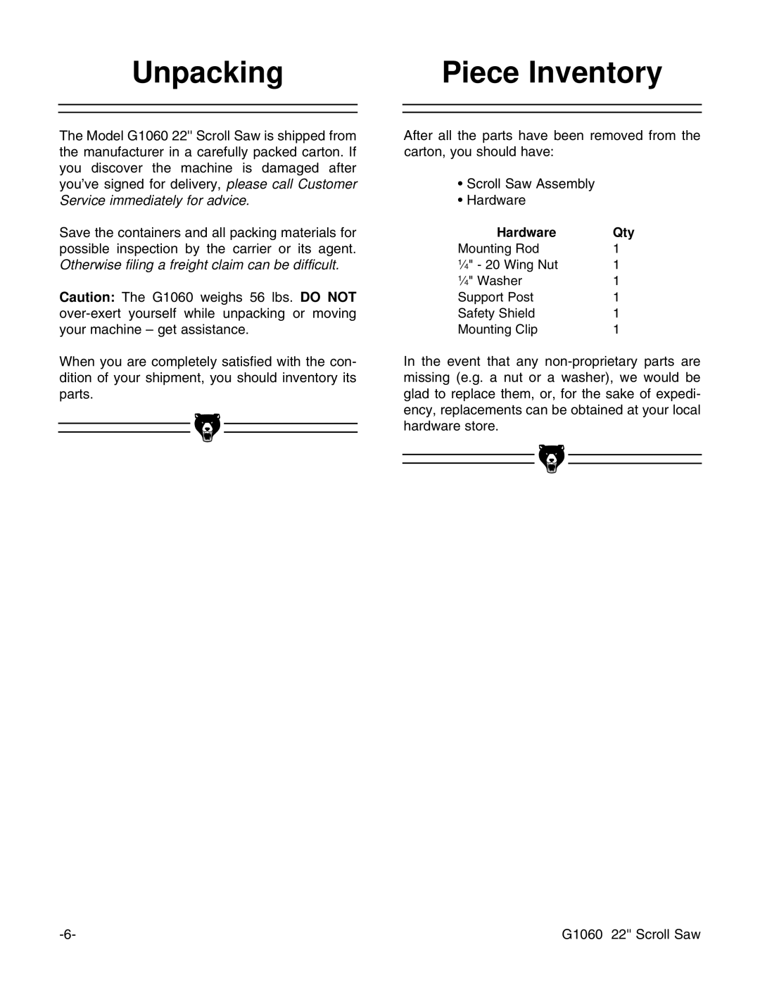 Grizzly G1060 instruction manual Unpacking Piece Inventory 