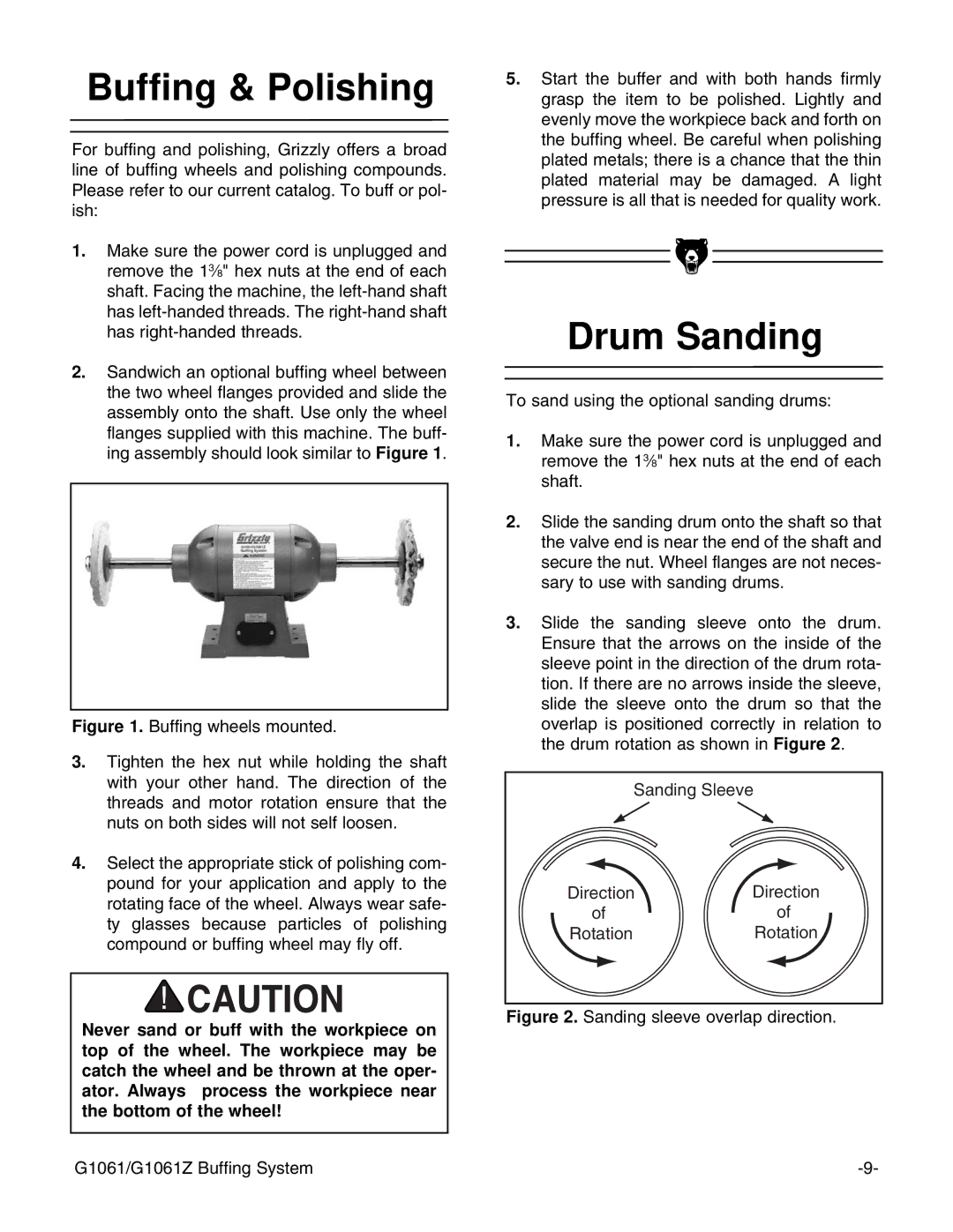 Grizzly G1061 instruction manual Buffing & Polishing, Drum Sanding 