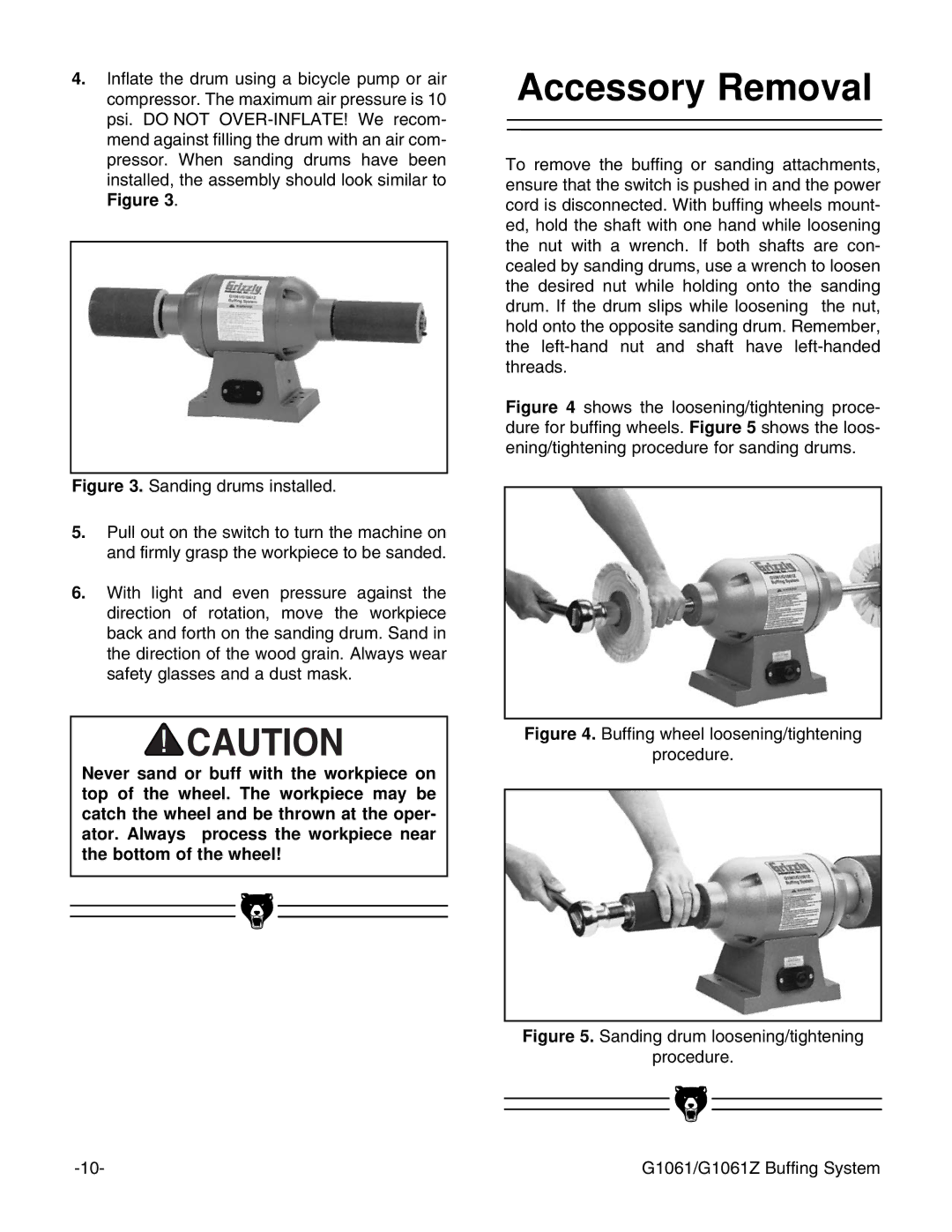 Grizzly G1061 instruction manual Accessory Removal, Buffing wheel loosening/tightening Procedure 