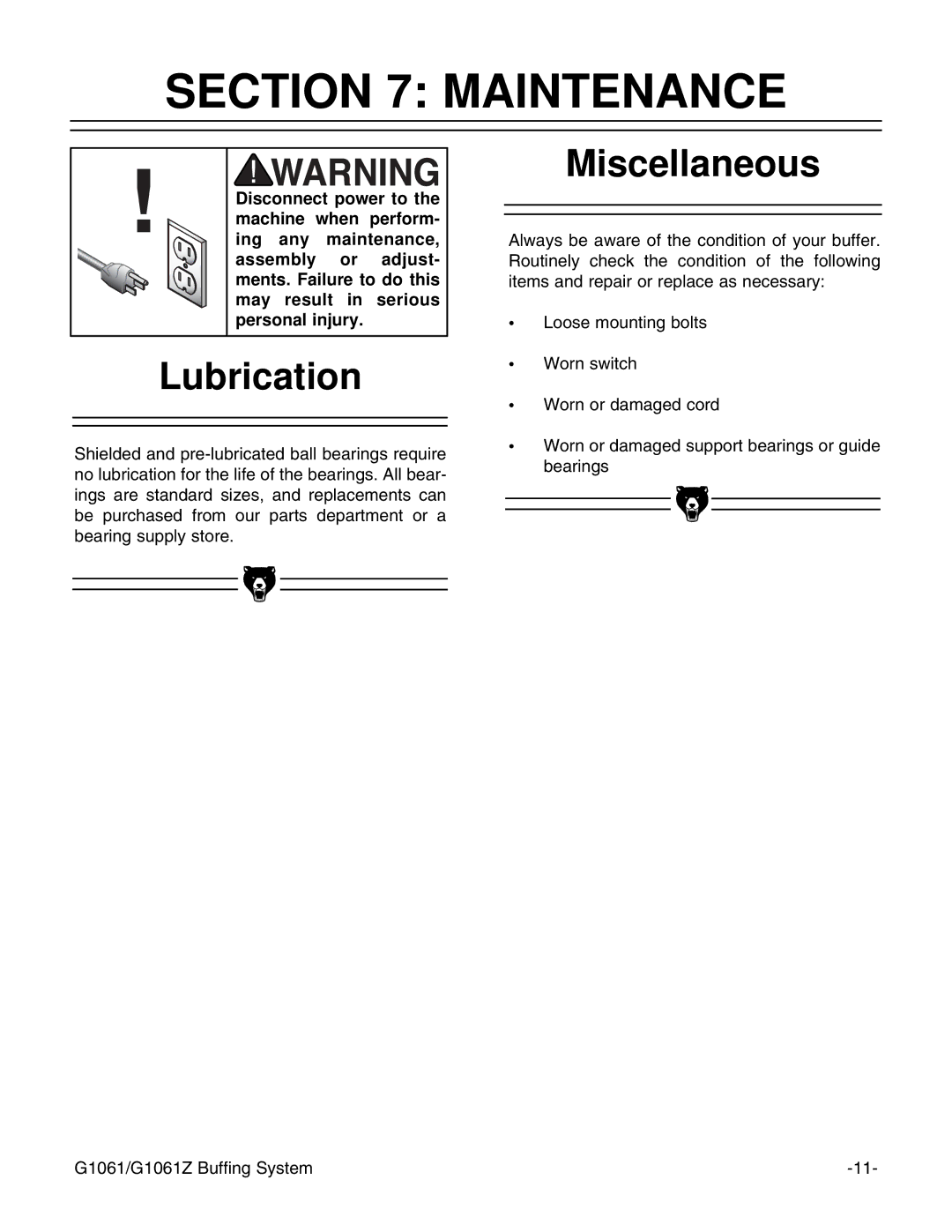 Grizzly G1061 instruction manual Maintenance, Lubrication, Miscellaneous 