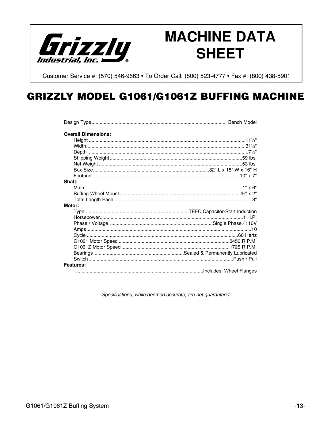 Grizzly G1061 instruction manual Machine Data Sheet 