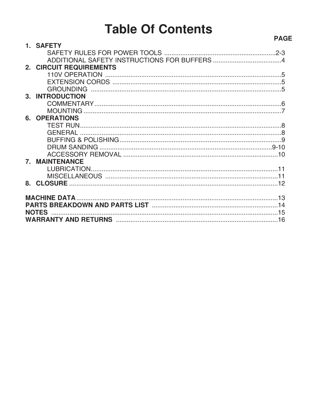 Grizzly G1061 instruction manual Table Of Contents 