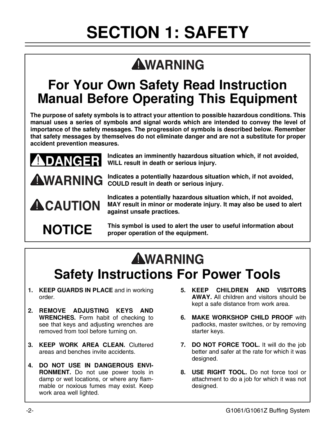 Grizzly G1061 instruction manual Safety Instructions For Power Tools 