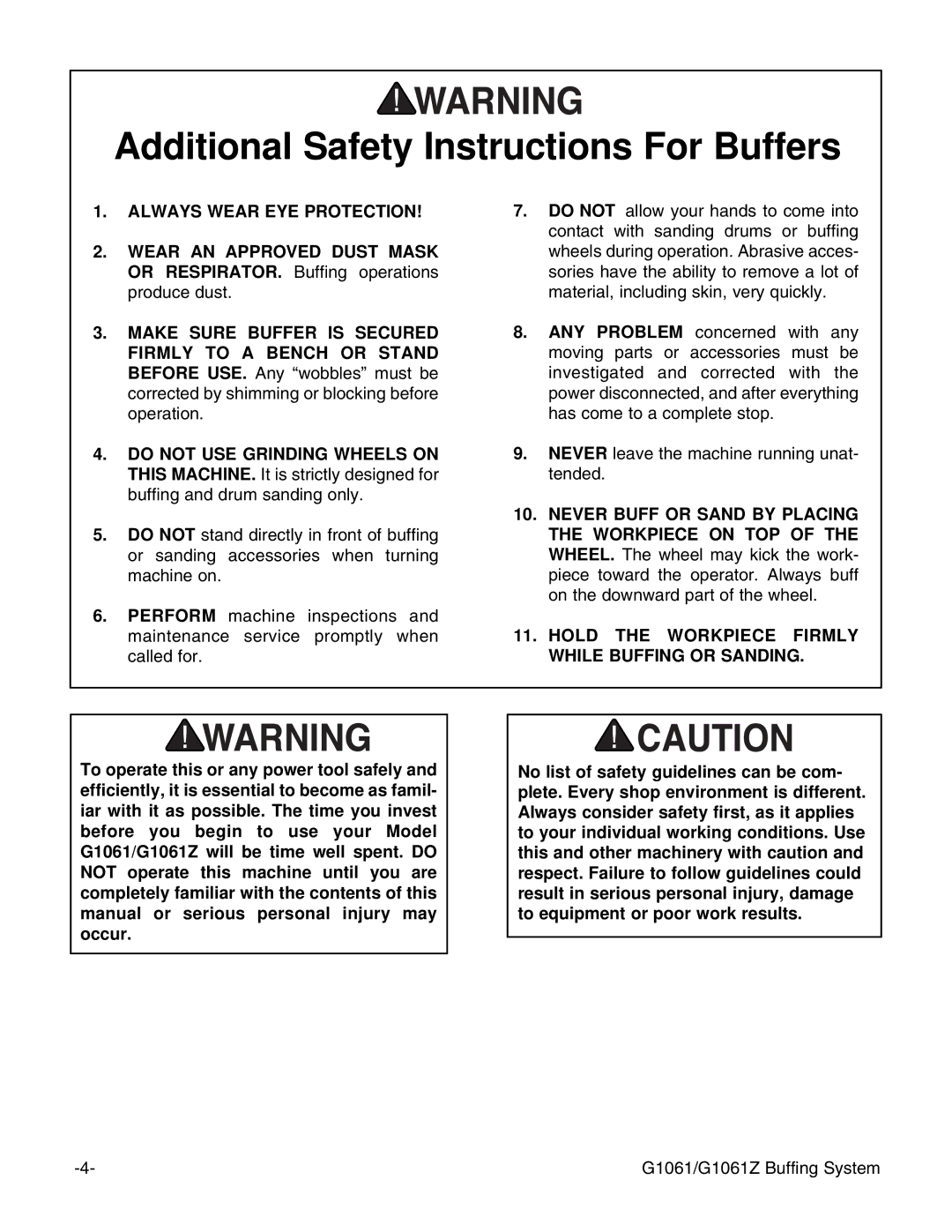 Grizzly G1061 instruction manual Additional Safety Instructions For Buffers, Always Wear EYE Protection 