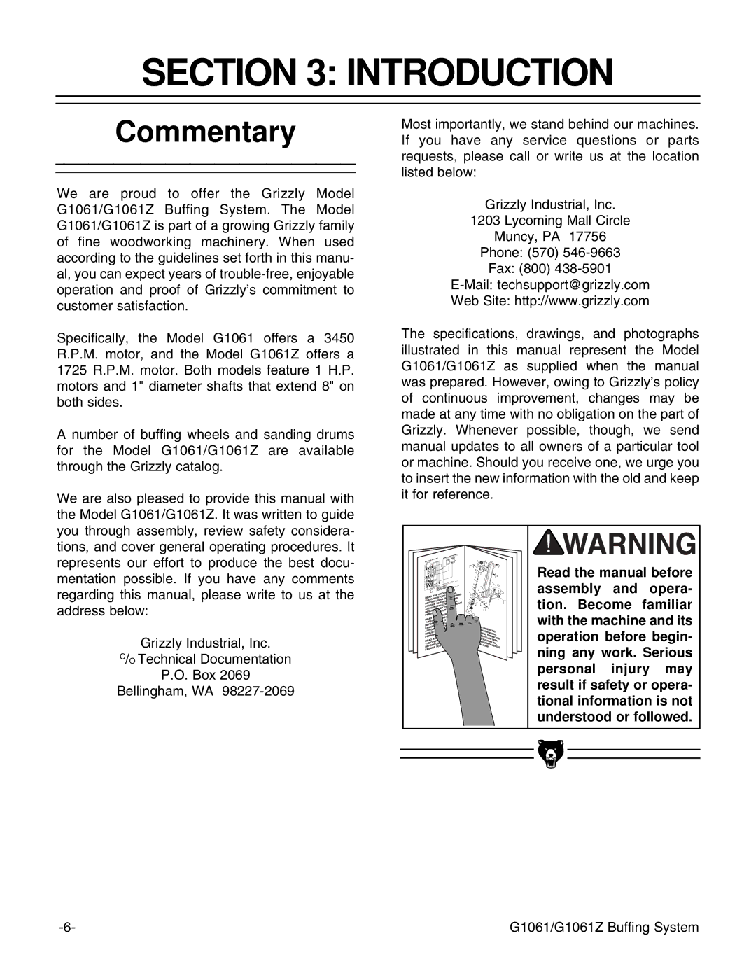 Grizzly G1061 instruction manual Introduction, Commentary 