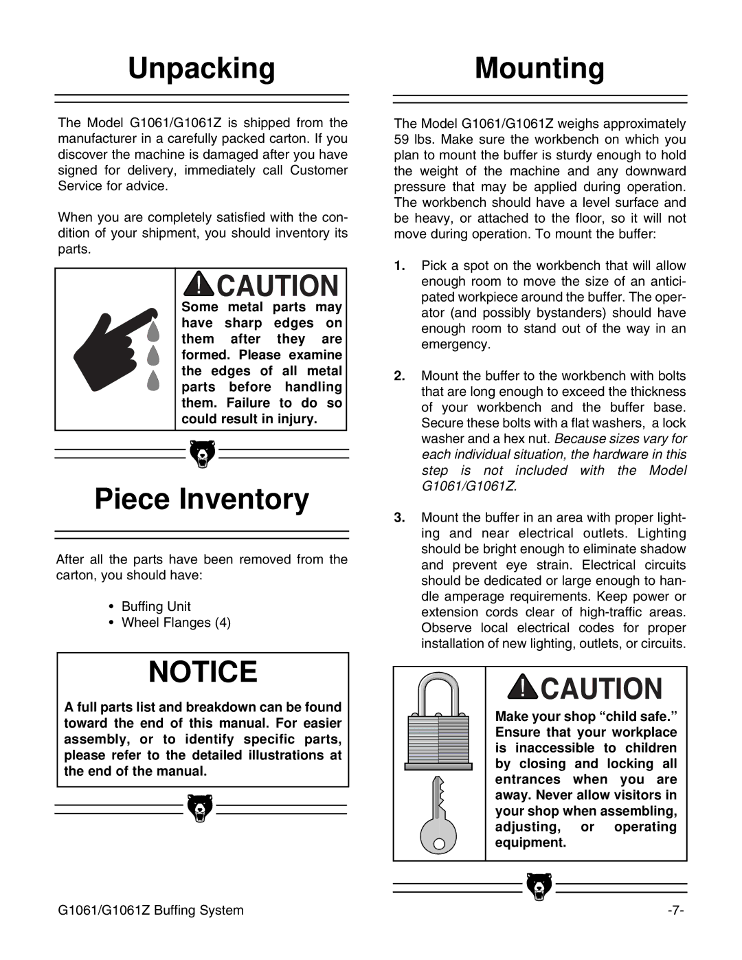 Grizzly G1061 instruction manual UnpackingMounting, Piece Inventory 