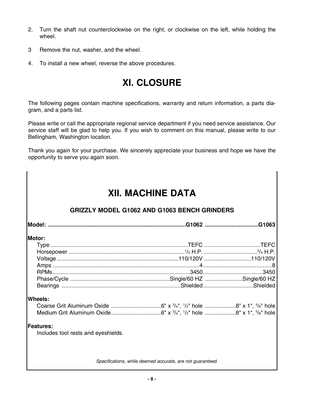 Grizzly G1063, G1062 instruction manual XI. Closure, XII. Machine Data 