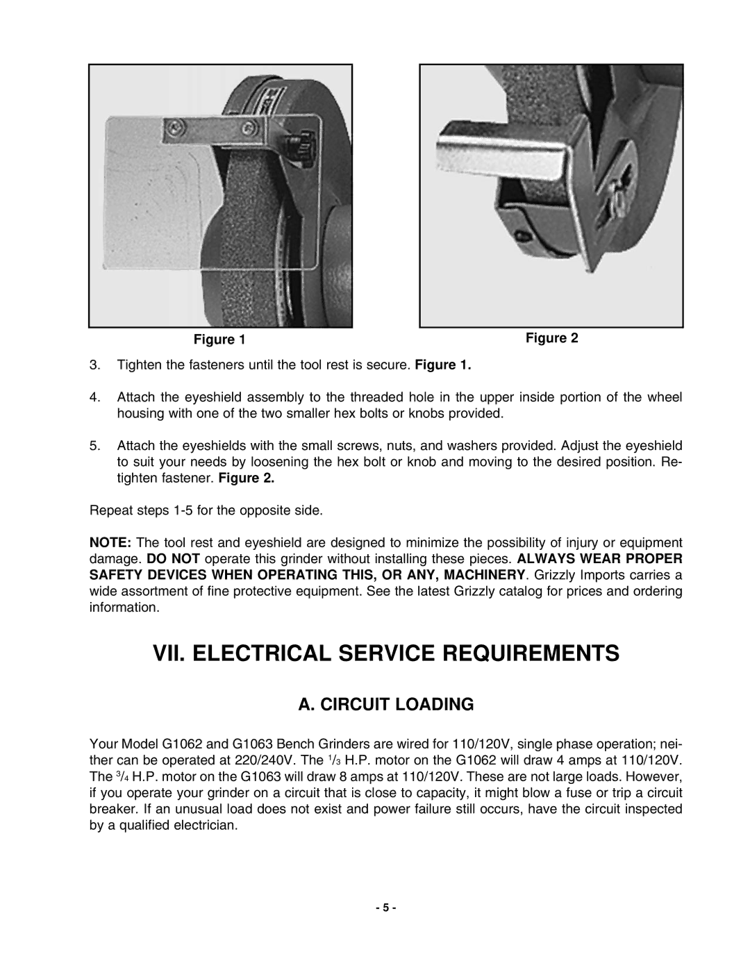 Grizzly G1062, G1063 instruction manual VII. Electrical Service Requirements, Circuit Loading 