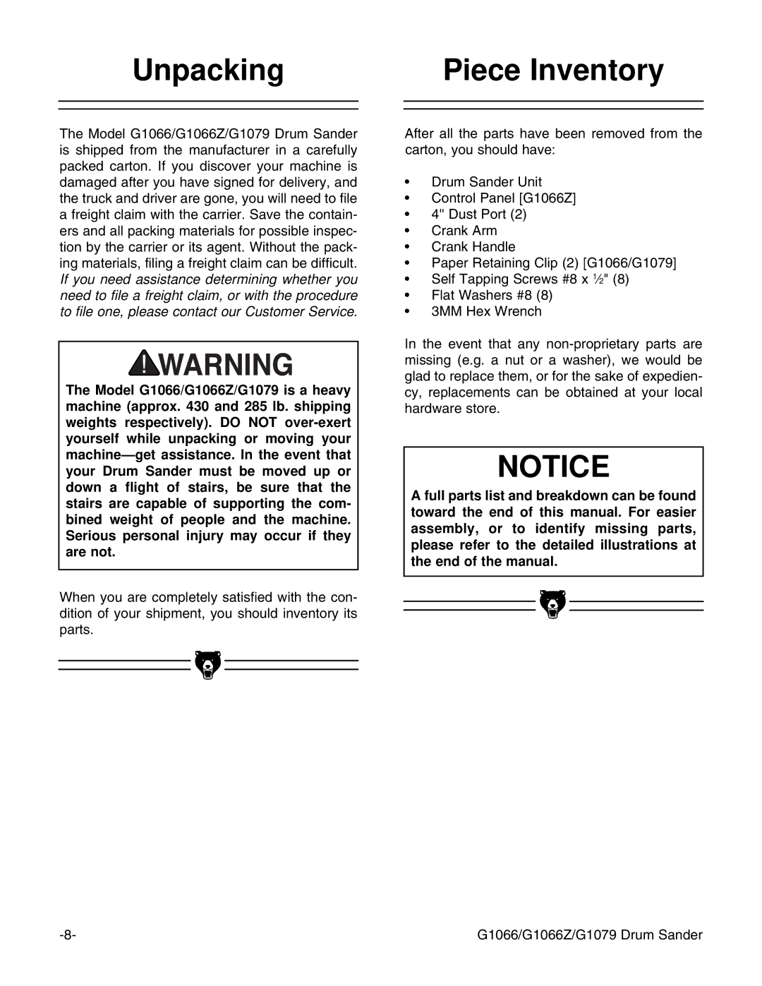 Grizzly G1066 instruction manual Unpacking Piece Inventory 