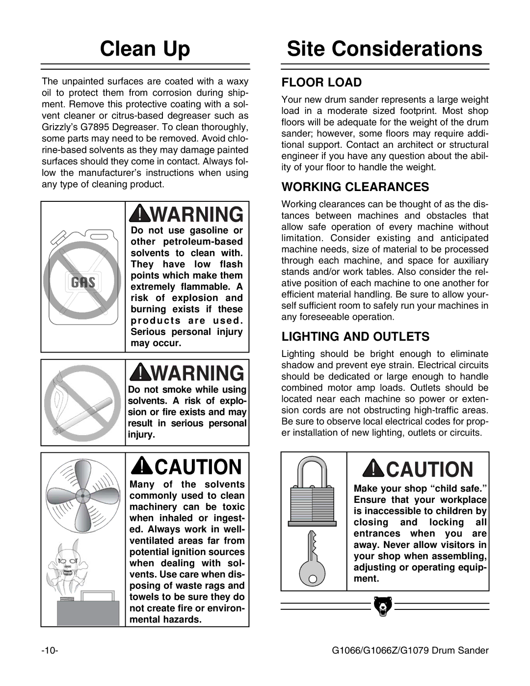 Grizzly G1066 instruction manual Clean Up, Site Considerations 