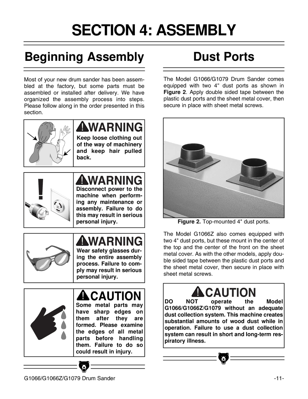 Grizzly G1066 instruction manual Beginning Assembly Dust Ports 