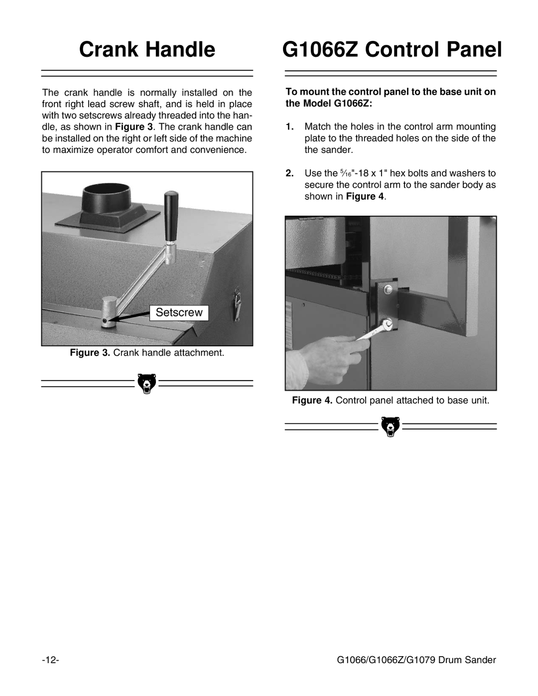 Grizzly instruction manual Crank Handle G1066Z Control Panel, Setscrew 