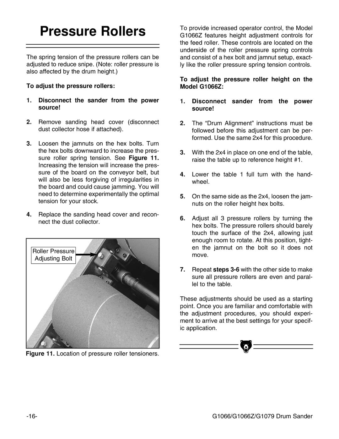 Grizzly G1066 instruction manual Pressure Rollers 