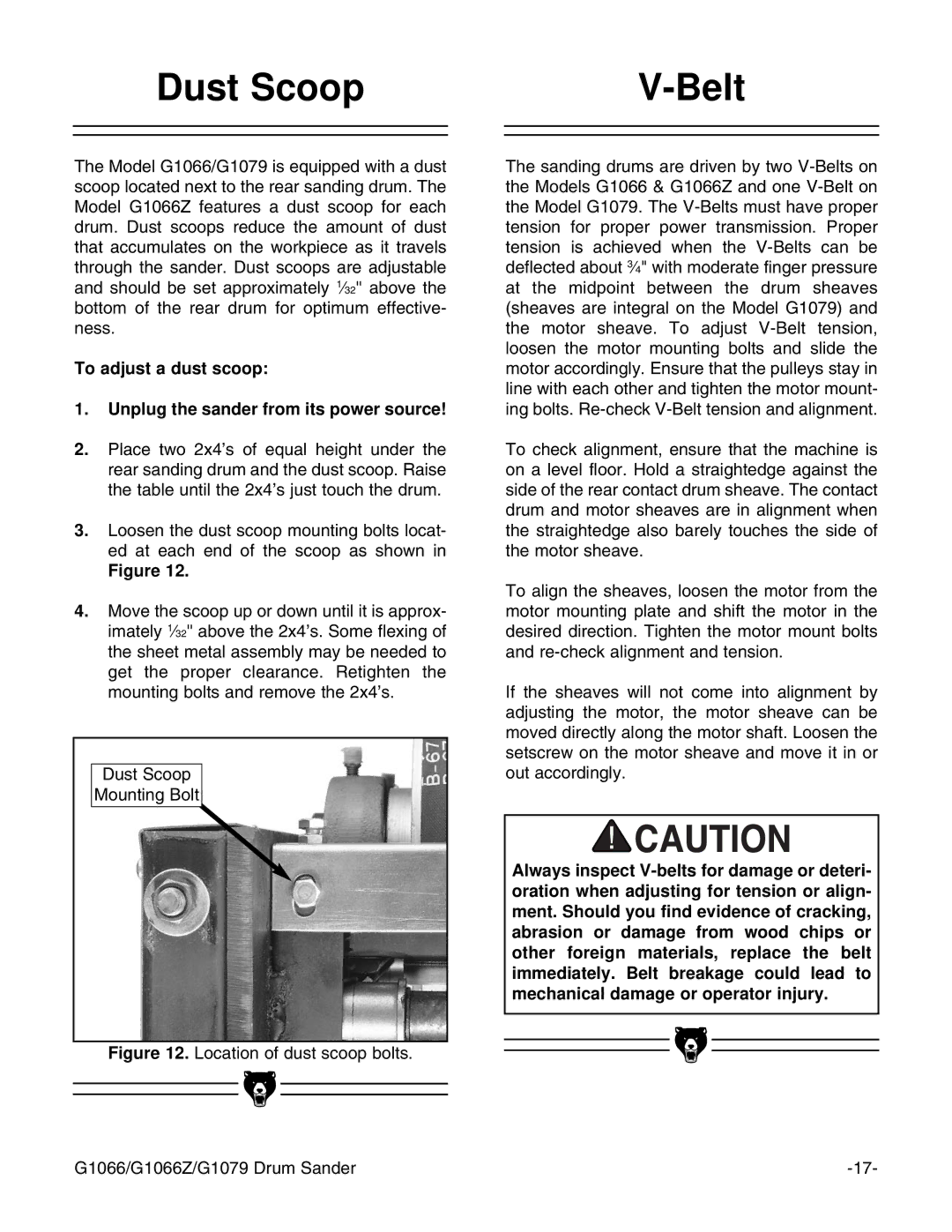 Grizzly G1066 instruction manual Dust Scoop Belt 