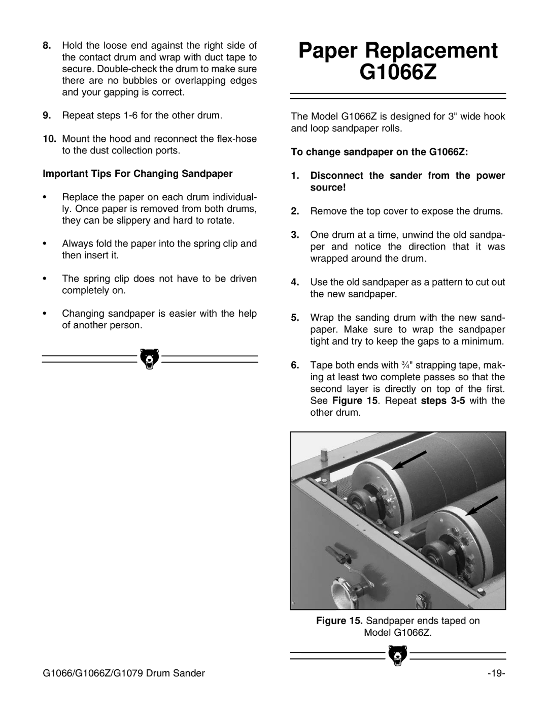 Grizzly instruction manual Paper Replacement G1066Z, Important Tips For Changing Sandpaper 