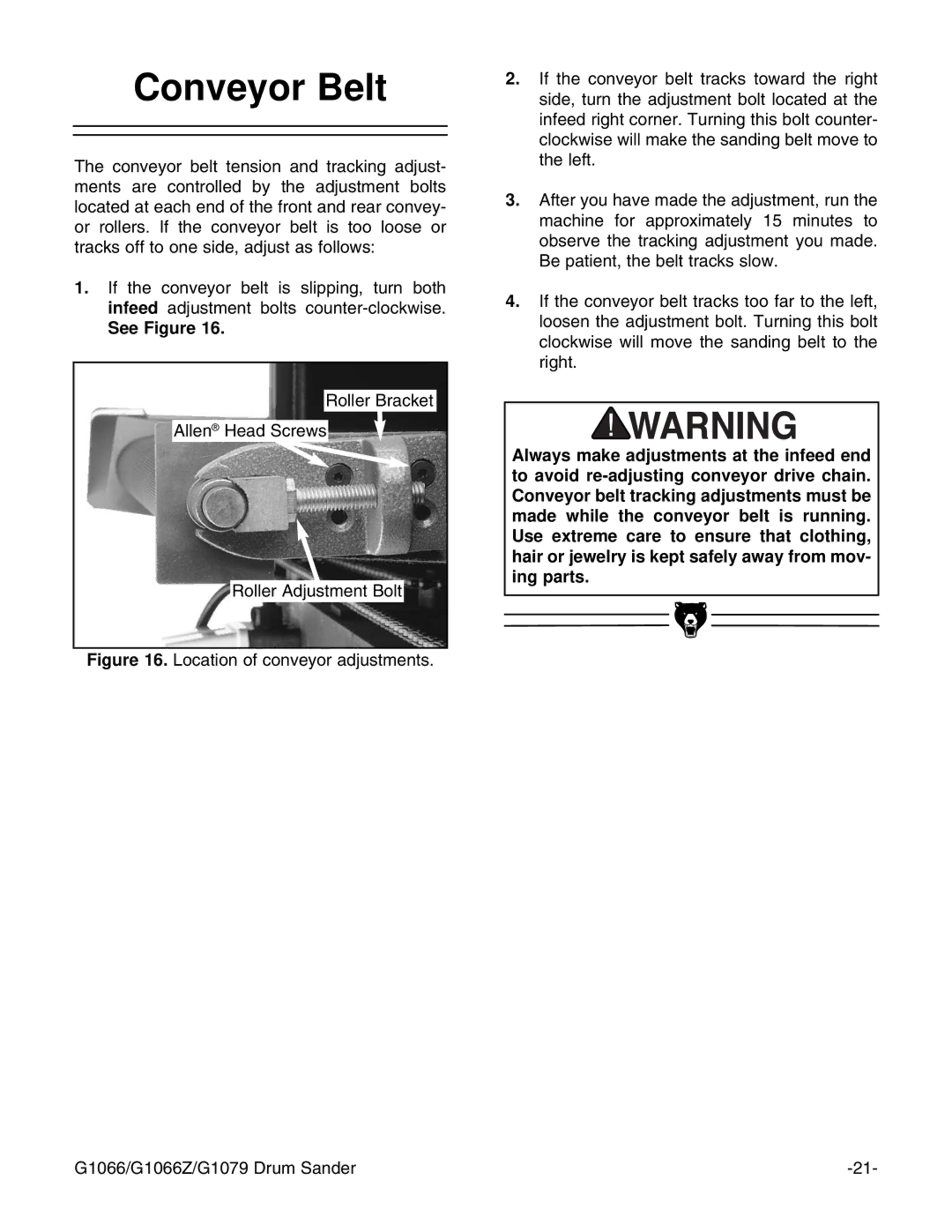 Grizzly G1066 instruction manual Conveyor Belt 