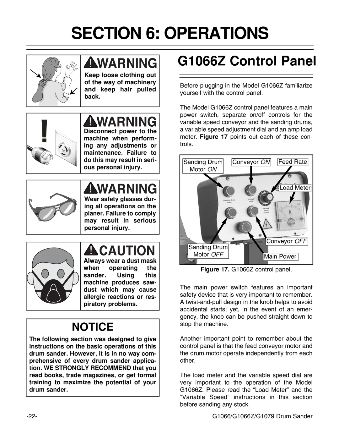 Grizzly instruction manual Operations, G1066Z Control Panel 